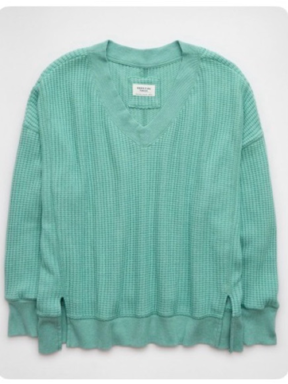 American Eagle Big Hug V-Neck Waffle Sweatshirt Green